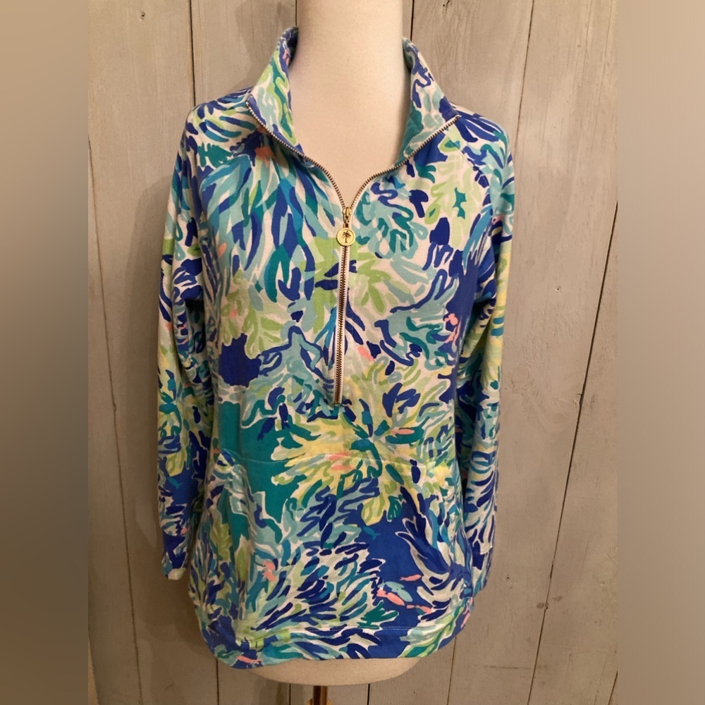 Lilly Pulitzer Cotton Floral Blue & Green Popover Size Medium Quarter Zip Pocket